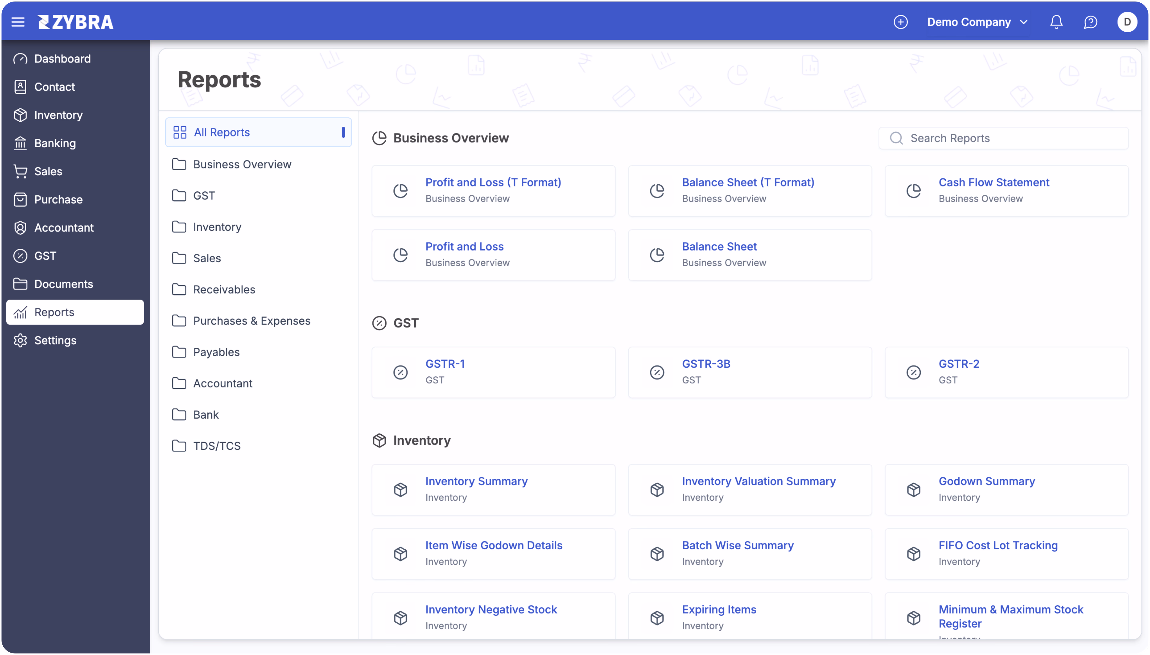 Zybra Reports Dashboard - Business Accounting