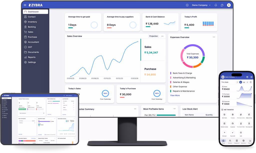Cloud and GST accounting software dashboard on desktop, tablet and mobile devices
